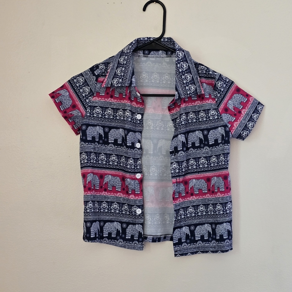Kids Blue And Pink Elephant Print Shirt
